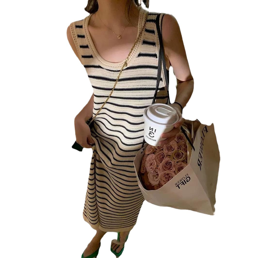 Picture of Sleeveless Striped Knitted Dress Loose Long Skirt Slit Round Neck Factory Summer New Slim Versatile Vest Dress