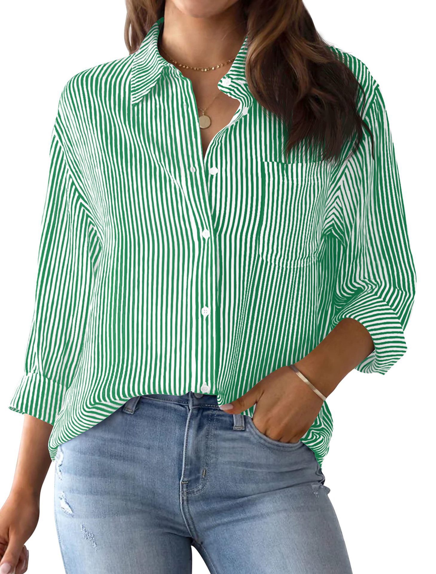 Picture of 2024 Amazon Foreign Trade Cross-border Autumn New Printed Striped Cardigan Top Casual Fashion Long Sleeve Shirt for Women