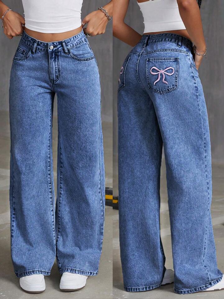 Cross-border Amazon Bow Embroidered Jeans Women's Spring and Autumn Sweet Hot High Waist Straight Loose Pants