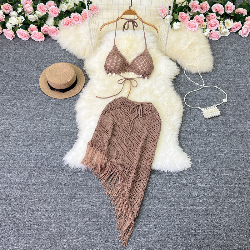 ins holiday style suit women's design bikini halter vest versatile tassel skirt knitted two-piece set