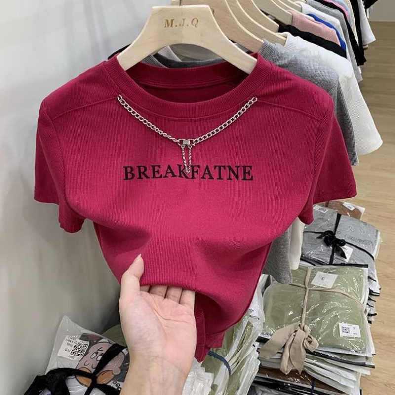 Threaded Short T-Shirt Women's Short-sleeved 2024 Summer New Style Chain Design Niche High Waist Printed Letter Top