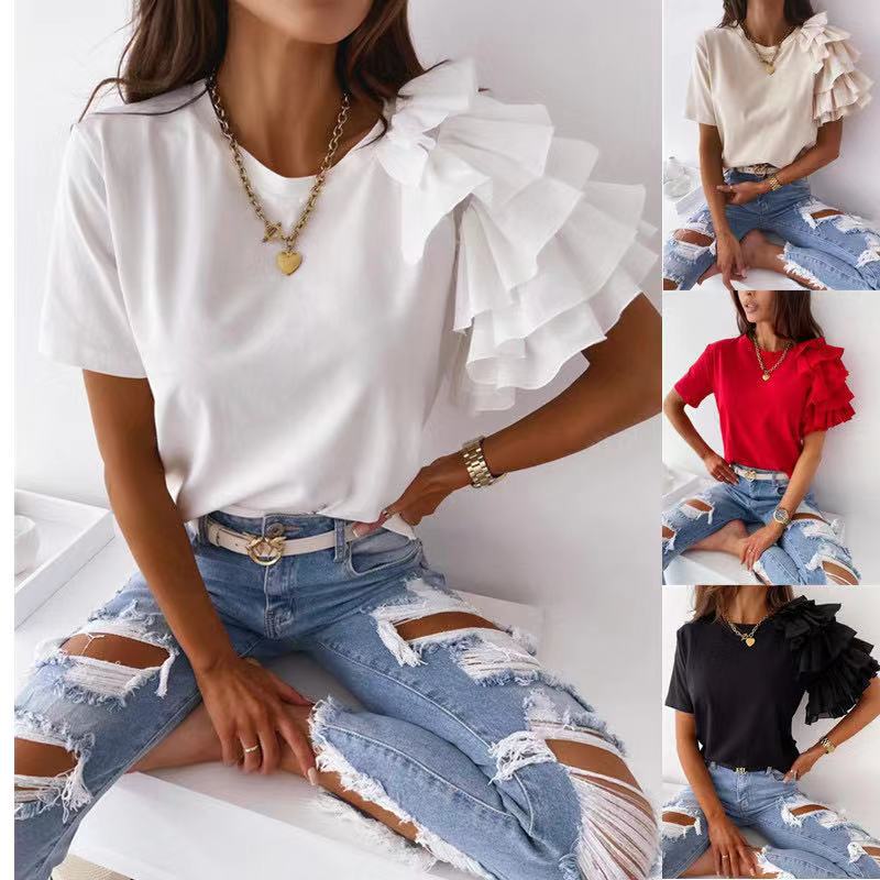 2021 summer independent station Amazon Europe and the United States cross-border solid color fashion ruffled short sleeve Joker round neck T-shirt spot