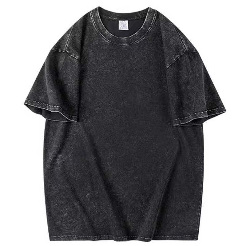 Picture of 230g Pure Cotton Washed Distressed Batik Unisex Retro Heavy Craft Loose Pure Color Short-Sleeved T-Shirt Blank Version