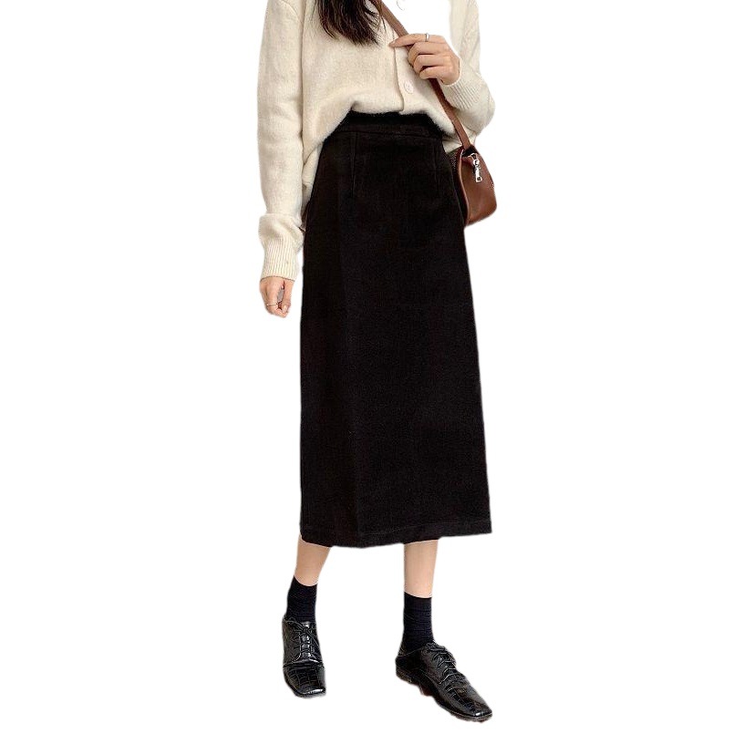 Autumn and Winter woolen elegant black skirt women's 2023 high waist slimming design split A- line skirt mid-length skirt