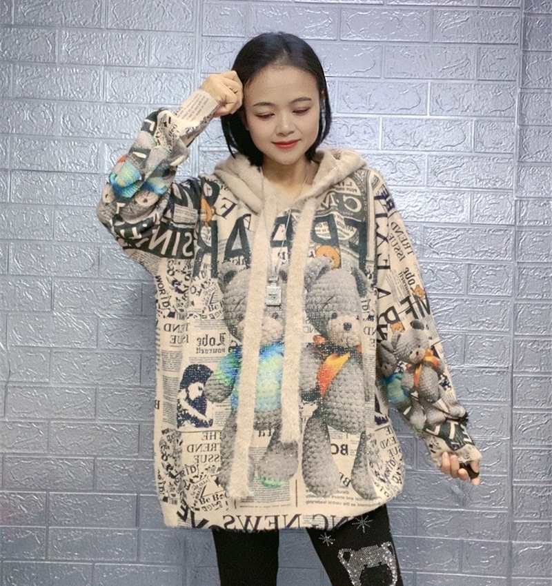 European goods plus size long heavy industry diamond-encrusted bear imitation mink velvet hooded sweater women's soft waxy sweater top