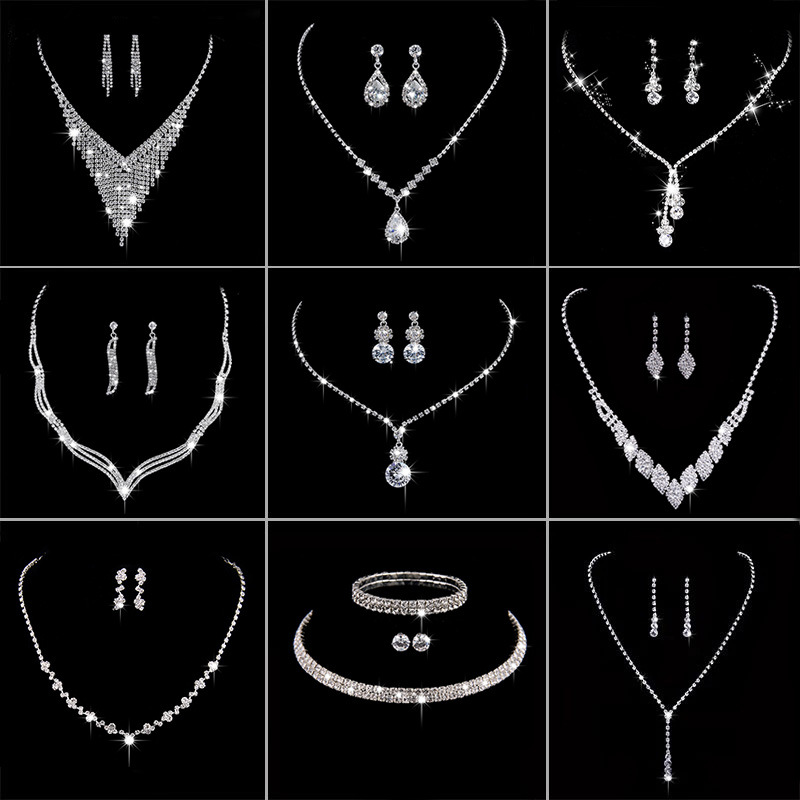Picture of South Korea Metal Claw Chain Rhinestone Wedding Necklace Bride Necklace Ear Drop Jewelry Banquet Necklace Jewelry suit Wholesale