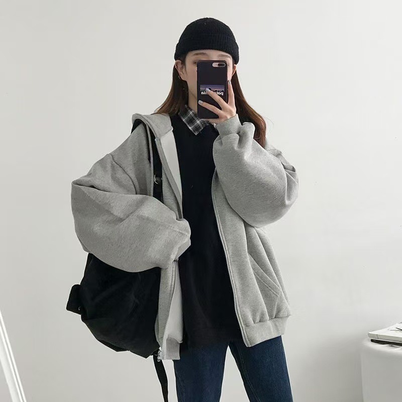 Picture of Trendy gray hooded women's sweatshirt 2025 season new fleece American retro niche casual trend jacket trend
