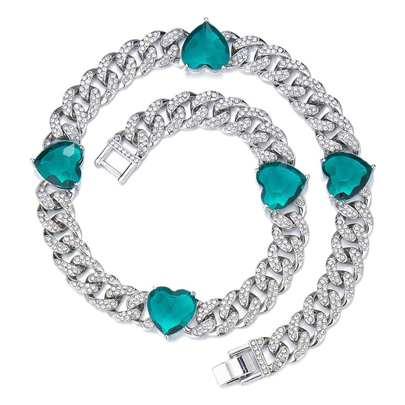 European and American men's full Diamond Love necklace alloy zircon Emerald trend Cuban chain necklace wholesale e-commerce