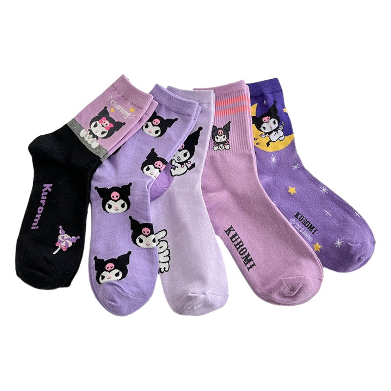 Purple Socks Women's Mid-length Socks Ins Trendy Spring and Autumn Cartoon Cute Japanese Style Internet Celebrity Girls Sports Stockings Autumn and Winter Stockings