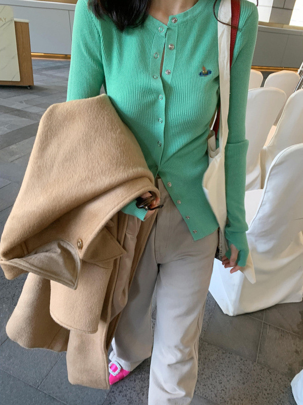 Picture of Green Long-Sleeved Knitted Cardigan for Women Spring & Fall New High-End Slim Slim Long-Sleeved T-Shirt Thin Outwear Top
