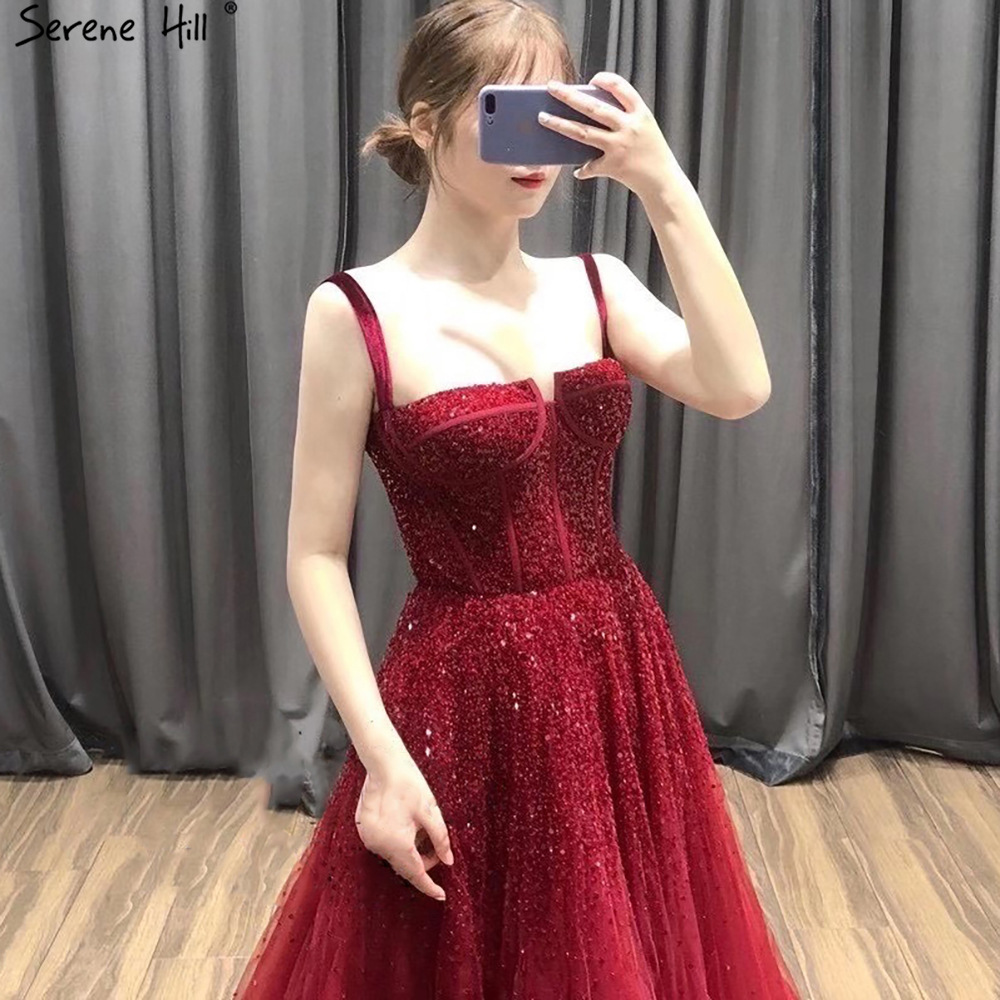 Picture of Autumn and Winter Wine Red Sling Dream Nail Bead Heavy Industry Annual Meeting Host Dress Bride Engagement Toast Dress LA70600