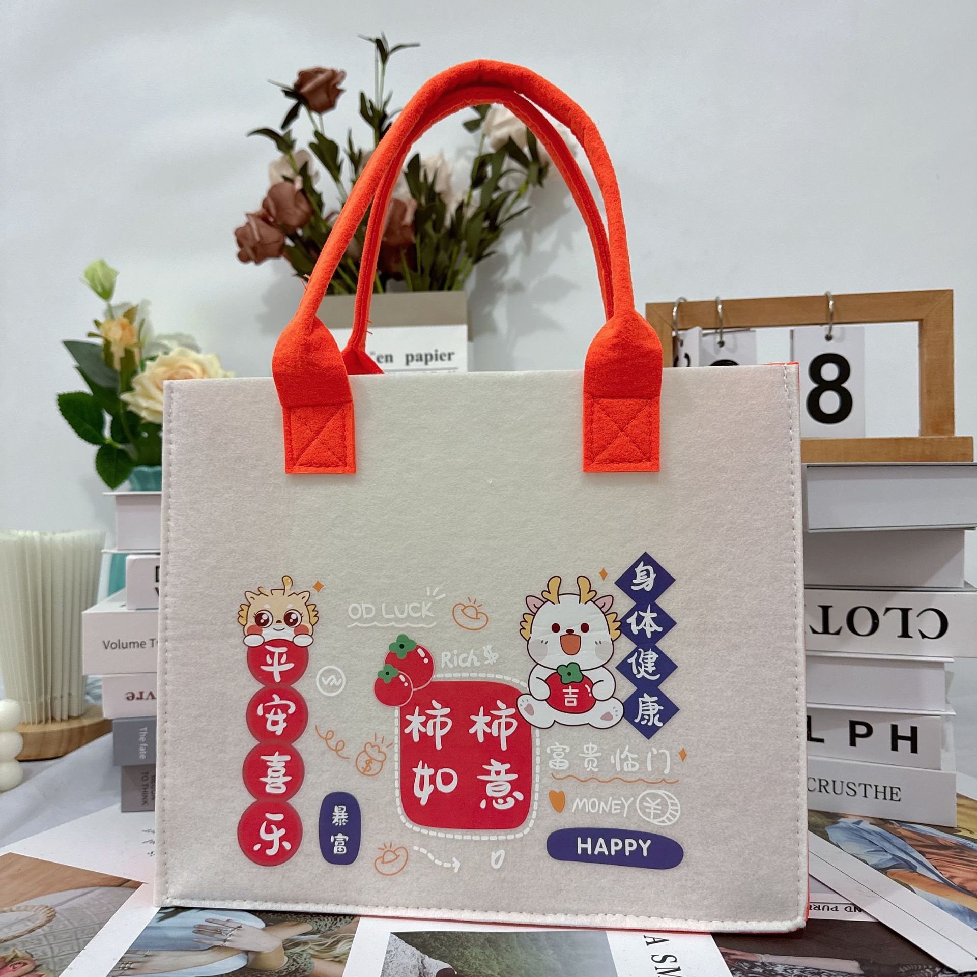 Picture of Trendy Felt Tote Bag with Simple Forest-Style Print, Versatile Large-Capacity Shoulder Felt Bag for Storage