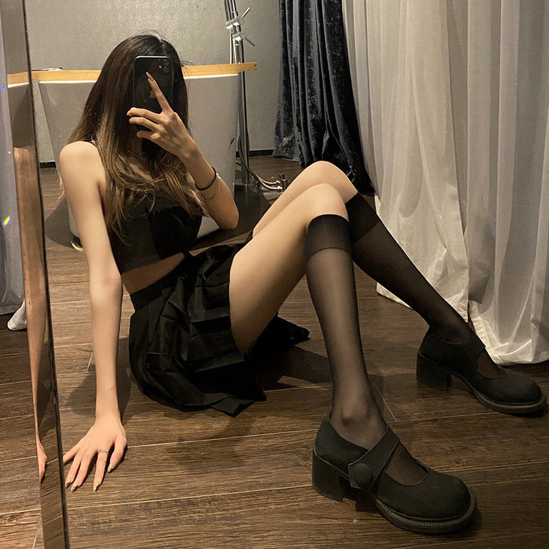 Core-spun Silk Calf Socks Women's Thin Mid-barrel Summer Transparent Ins Trendy Japanese-style JK Socks Academy-style Half-barrel White Silk