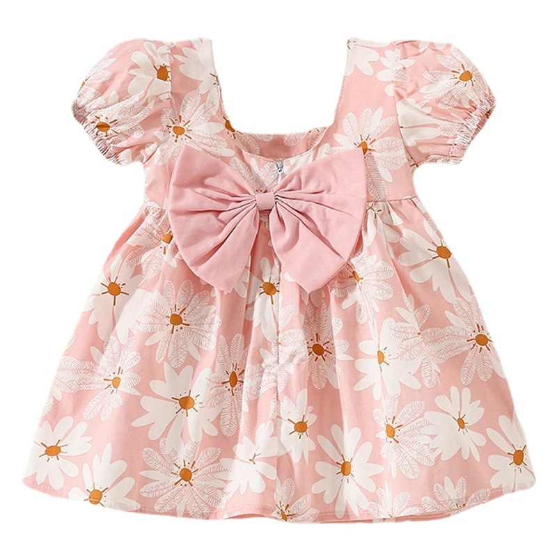Girls' Dress 2023 Summer Children's Wear New Arrival Daisy Bow Decorative Square Collar Short Sleeve Korean Style Children's Dress