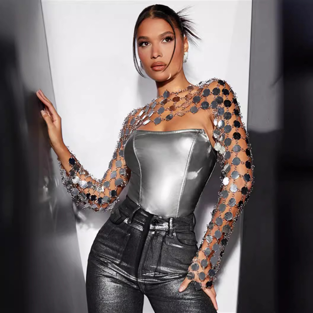 2025 European and American Cross-Border Amazon New Sexy Sequin Cut Out Stitching Metal Sequin Long-Sleeved Top L22005