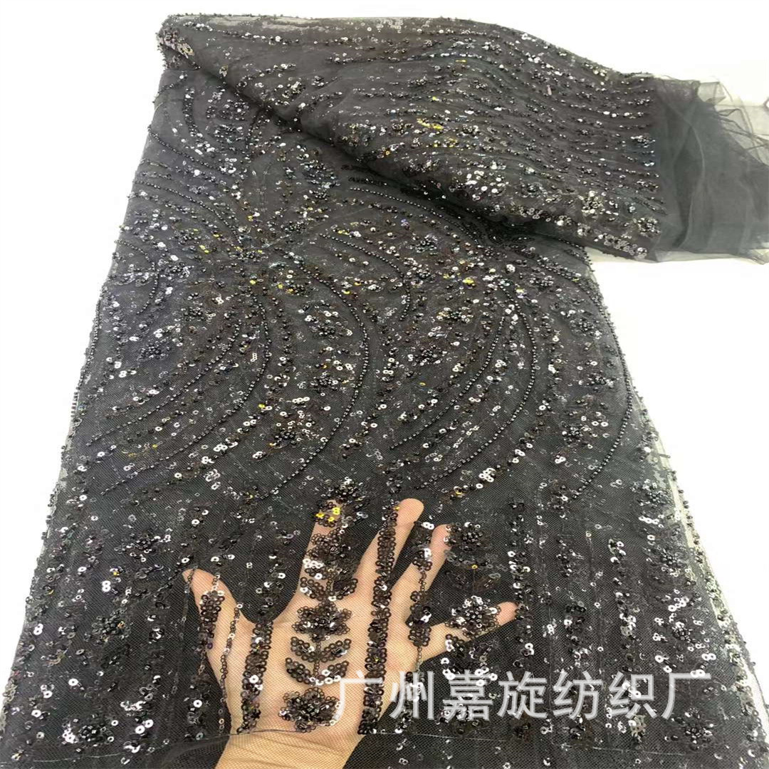 Picture of European and American apricot wheat ears three-dimensional beads sequins lace fabric African bride dress dress embroidered lace