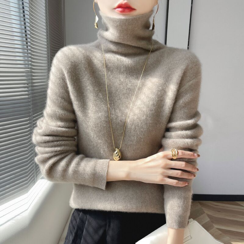 Autumn and Winter Korean Style Thickened Warm Pile Collar Sweater Women's Slim-Fit Tight Interior Solid Color Wool Knitted Base Shirt