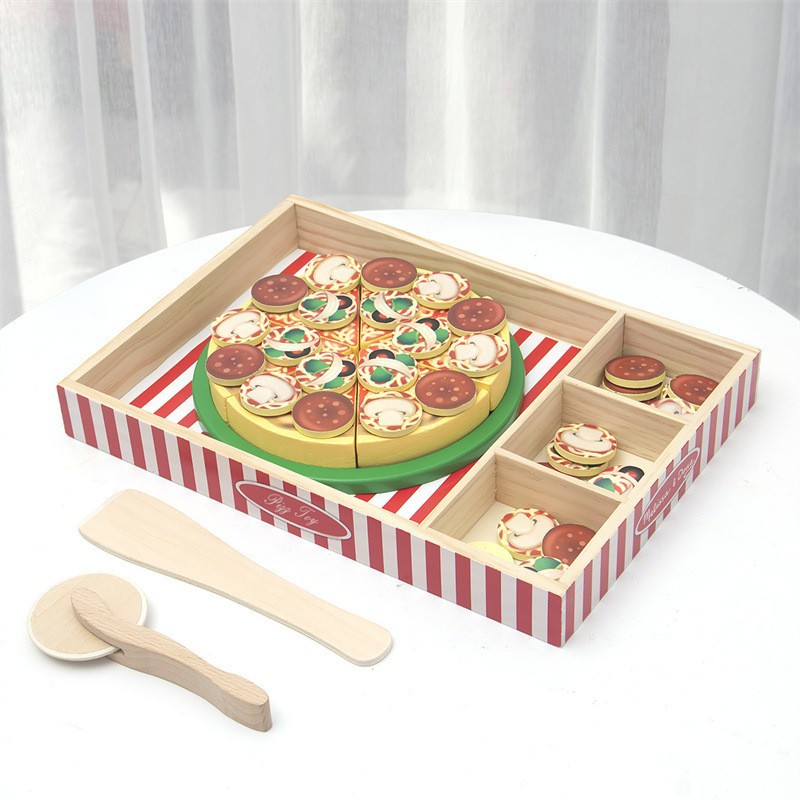 Picture of Wooden Pizza Simulation Children's Play Boys and Girls Cake Dessert Cut and Cut Fruit and Vegetable Cognitive Wooden Toys