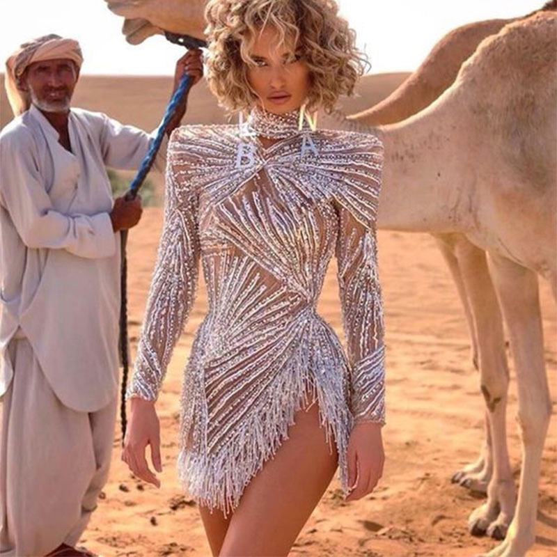 81813 AliExpress 2025 new sexy gold silver tassel split dress nightclub women's clothing