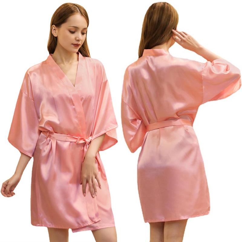 Picture of Amazon Cross-border Women's Twisted Sade Nightgown Bathrobe Solid Color Glow Summer Thin Sexy Short Cardigan Gown
