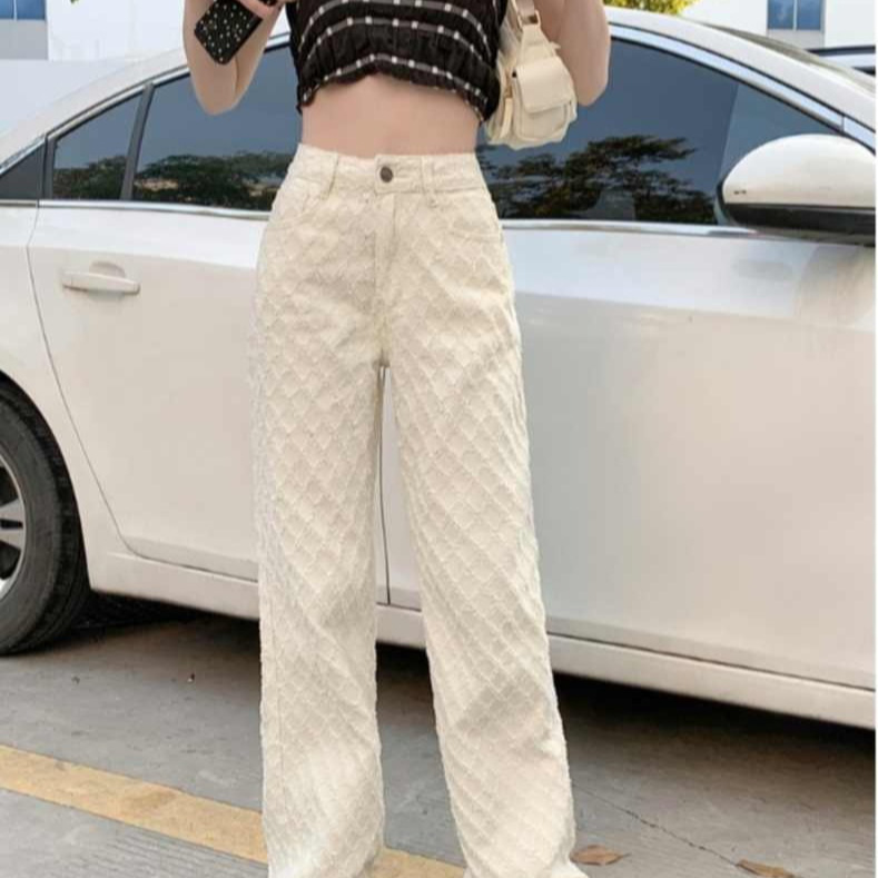 Picture of Jacquard Wide-Leg Jeans, High-Waisted, Loose, Large-Size Women's Straight-Leg Pants, Autum Versatile Fashionable Floor-Length Slim Trousers
