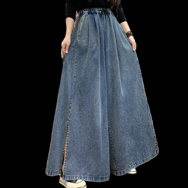 Picture of 2025 Spring/Summer New High-Waisted Split Wide-Leg Pants Retro Artistic Loose Versatile Denim Skirt Pants Casual Long Pants for Women