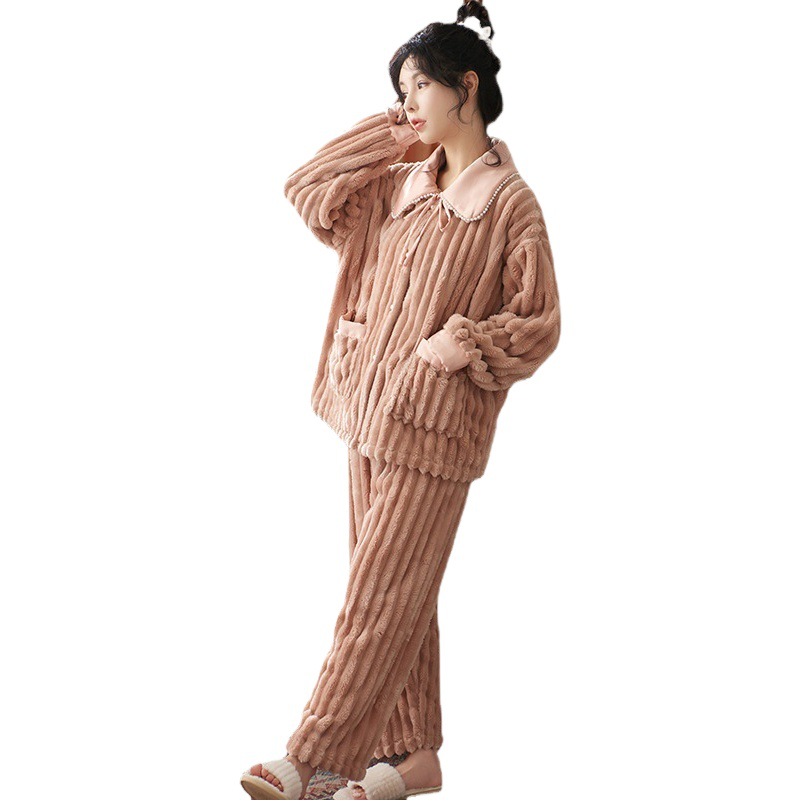 Pajamas Women's Autumn and Winter Long-sleeved Chanel Style Women's Home Clothes Outwear Thickened Flannel Pajamas Women's Winter suit