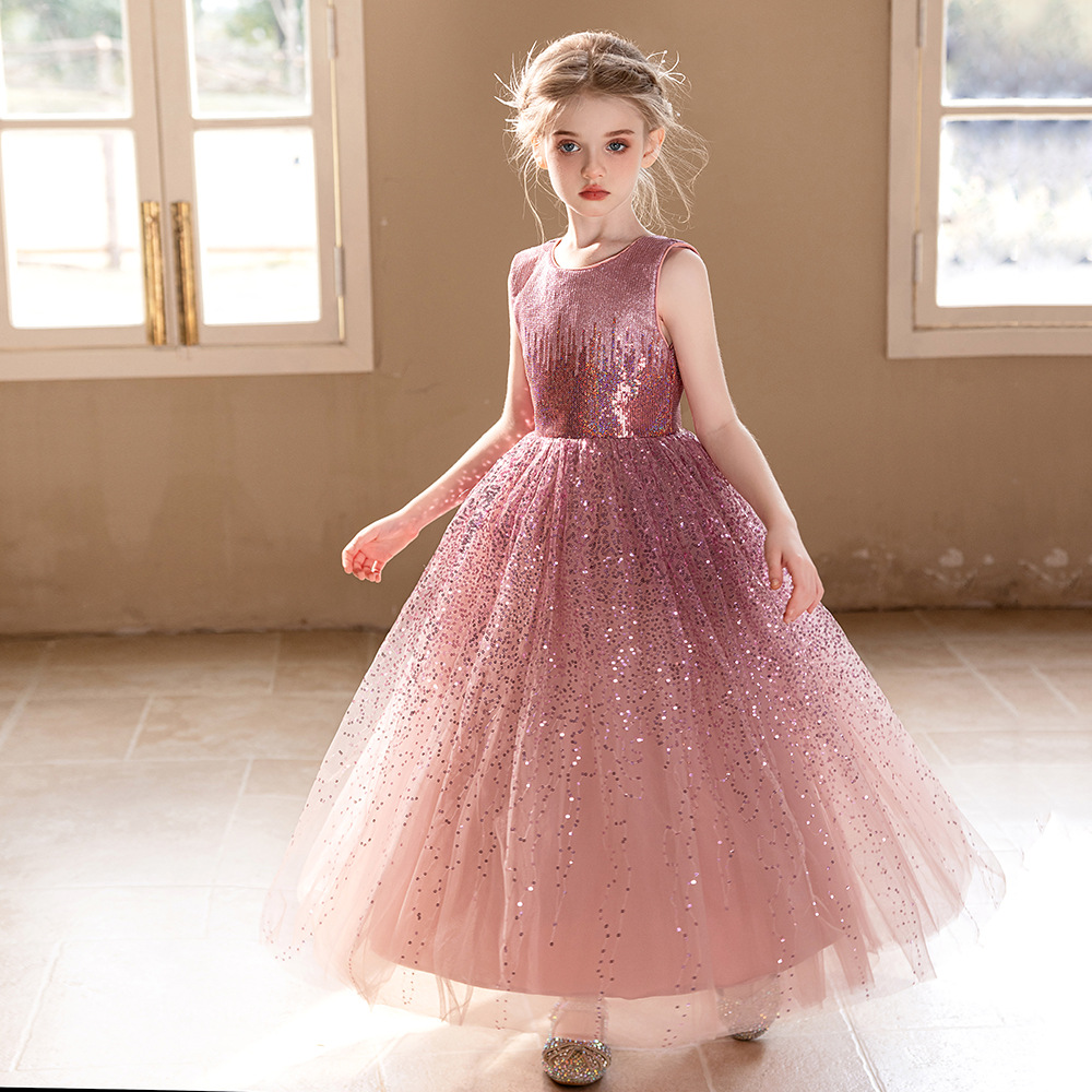 Girls Princess Dress Pink Sequins High-end Dress Wedding Toussaffron Dress Birthday Party Performance Evening Dress