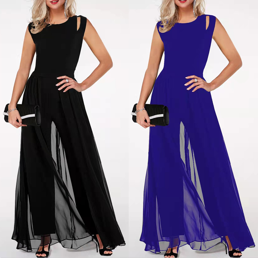 2023 Amazon Independent Station Stitching Slim Fit Women's Crewneck Sleeveless Hollow Milk Silk Solid Color Pants