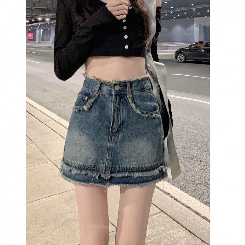 Spring and Autumn New Retro Dark Blue Denim Skirt Women's High Waist Slim Skirt Small All-match Hip Skirt