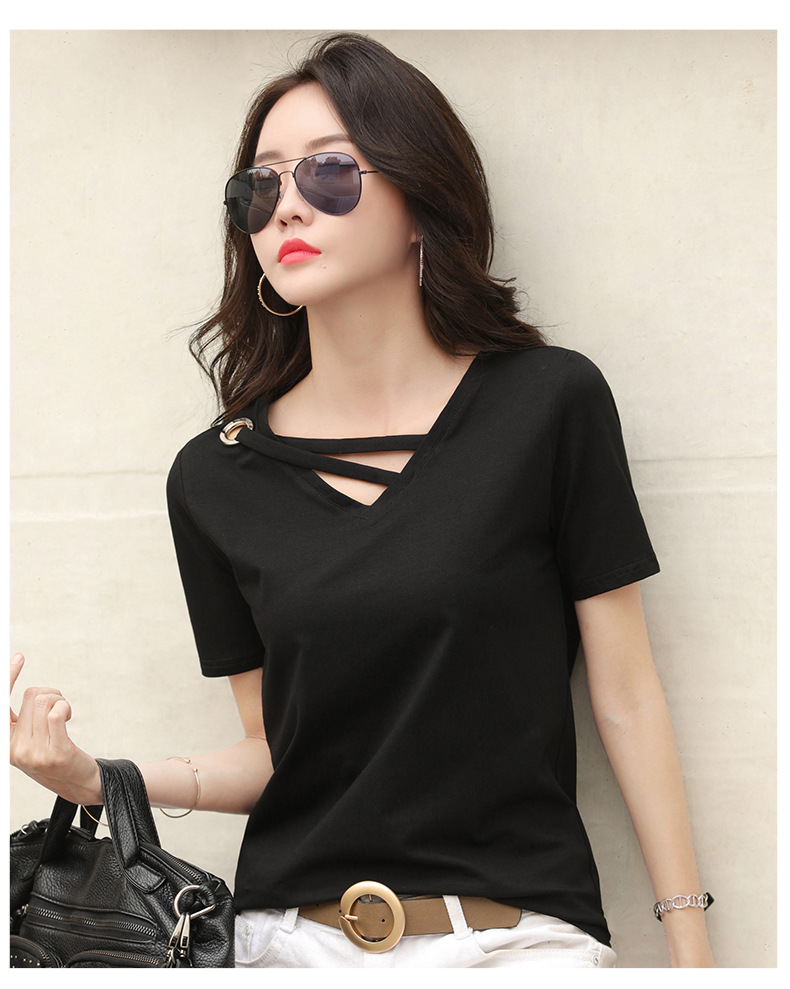 Picture of Short-Sleeved Women's 2025 New Summer White T-Shirt, Women's V-Neck Loose Korean Style Black Top, Casual Ins-Style Trendy Shirt