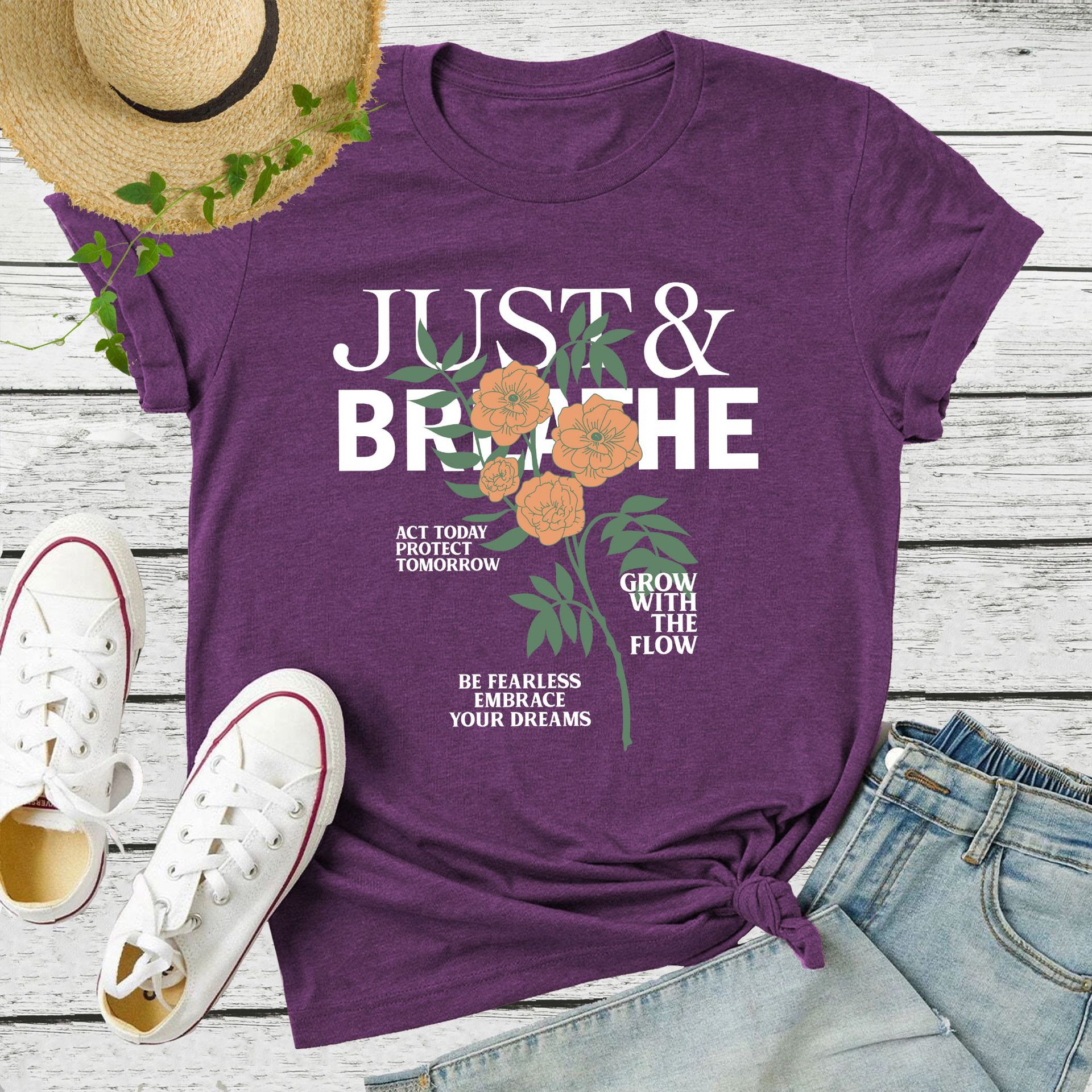 2022 Cross-border Amazon JUST Letter Flower Printed Short-sleeved Loose Color Cotton Stretch T-shirt