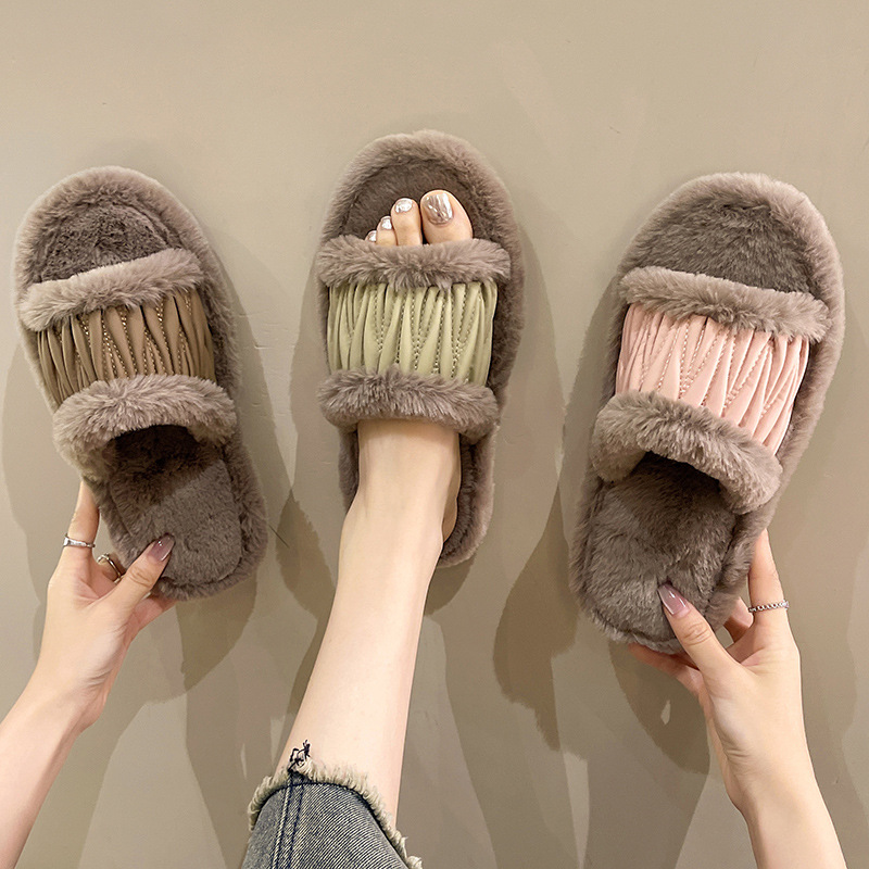 Amazon cross-border PU leather open slippers women plush cotton slippers home warm fluffy slippers winter foreign trade