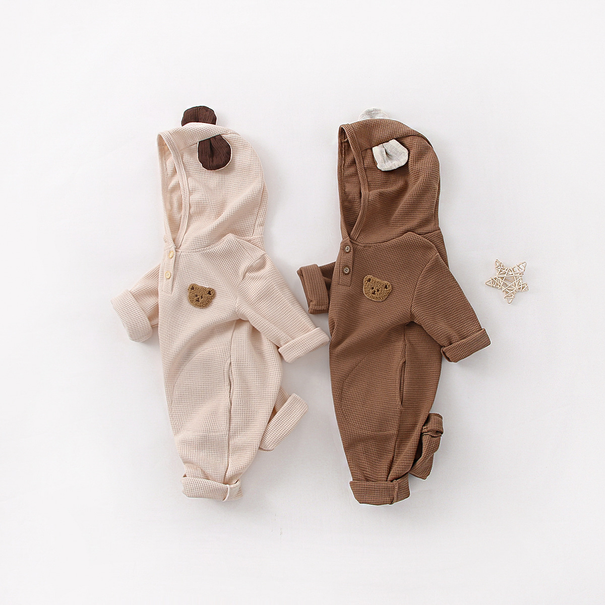 Picture of Baby Autumn Jumpsuit Baby Cartoon Bear Waffle Hooded Outdoor Crawling Suit Newborn Long-Sleeved Clothes