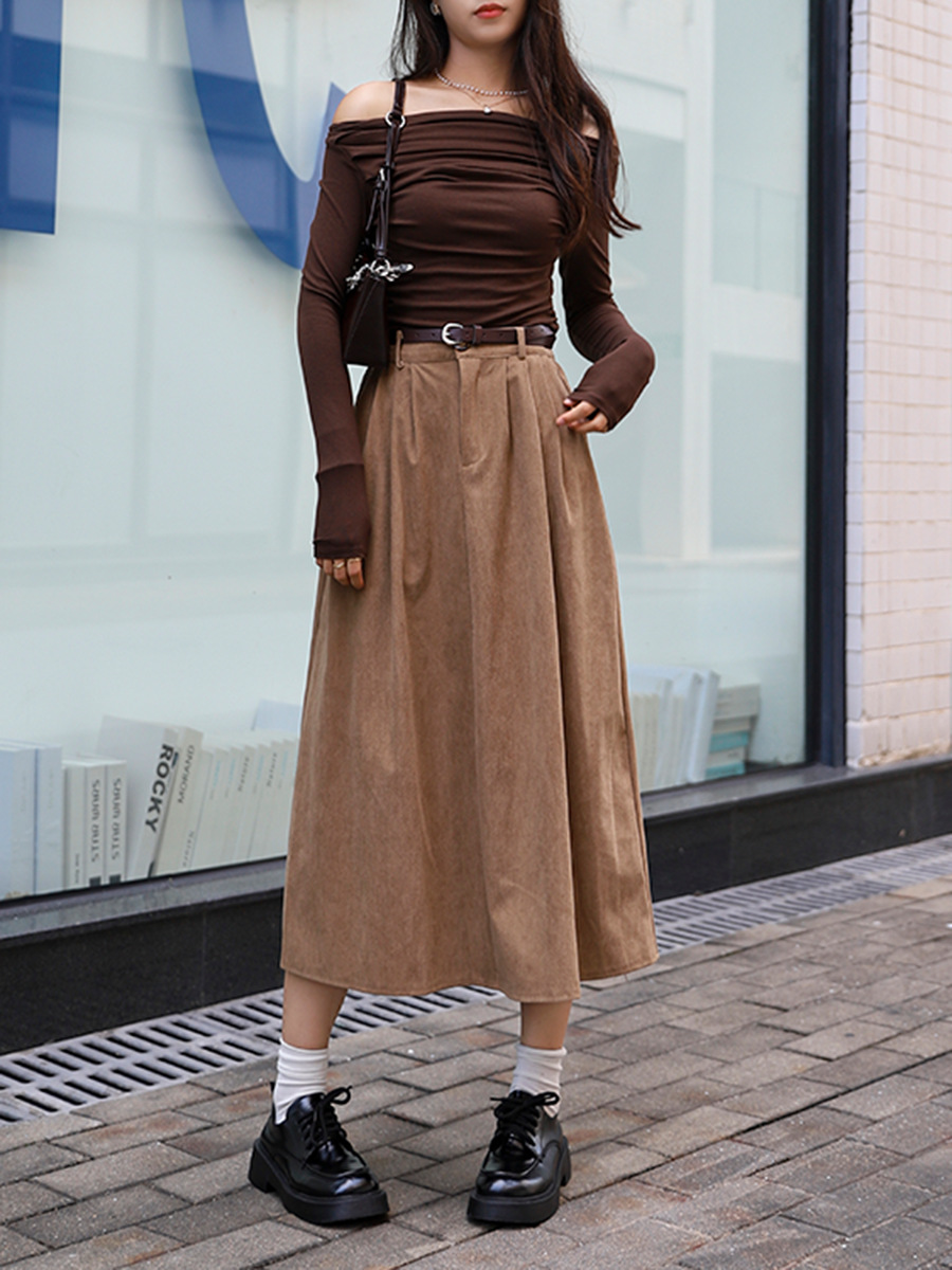 Picture of Maillard Retro Corduroy Skirt for Women, Autumn and Winter Khaki Casual Style with Belt, Mid-Length Pleated A-Line Skirt