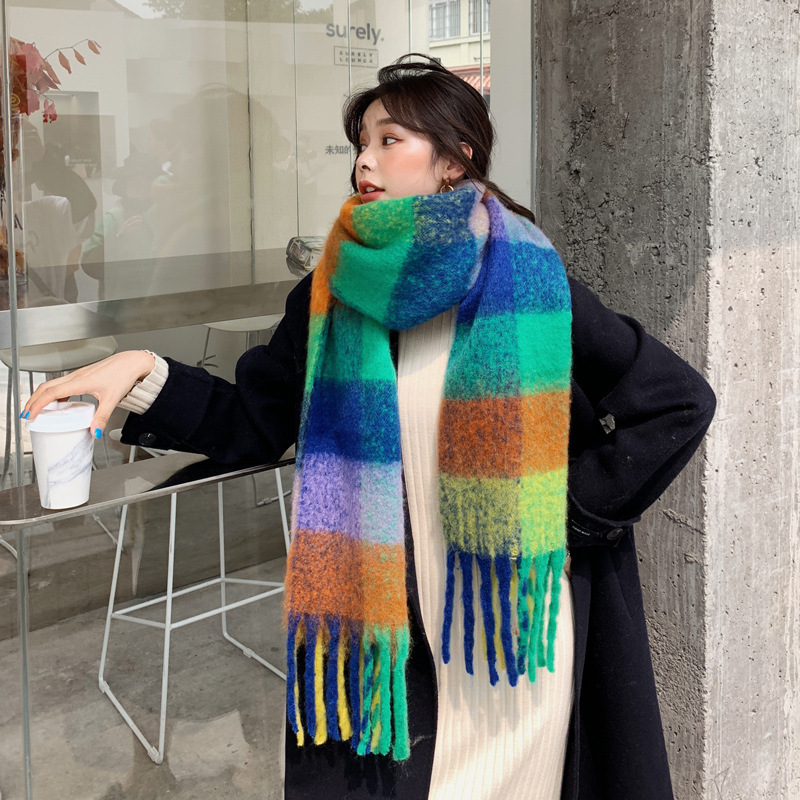 Picture of Winter monochrome plush heavy weight soft fluffy lazy wind solid color large pulled wool warm scarf for students couple