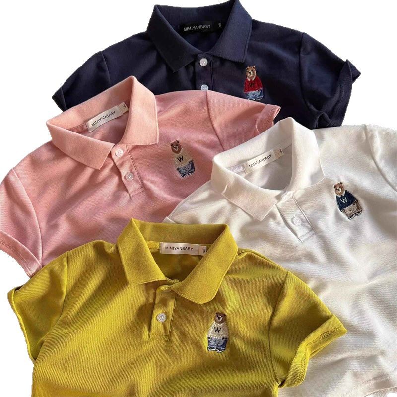 Picture of Children's Polo Shirt Short Sleeve Summer New Boys and Girls Embroidered Bear Top 100% Cotton Baby Polo Collar T-Shirt