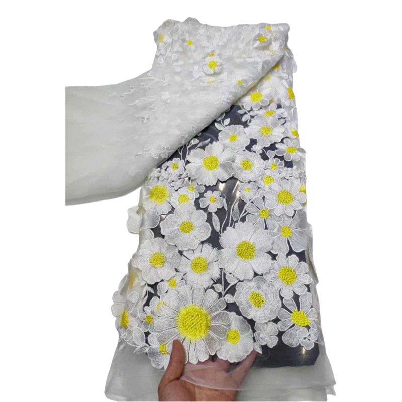 High-end fashion three-dimensional multi-color mesh embroidered fabric heavy industry 3D irregular applique unilateral wedding dress Hanfu fabric