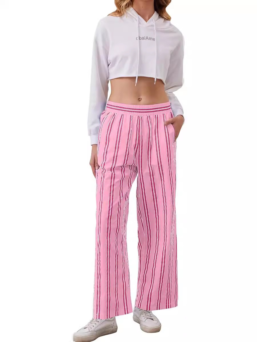 2024 Amazon Women Striped Wide Leg Pants Casual Elastic Low Waist Wide Leg Pants Loose Casual Pants with Pockets