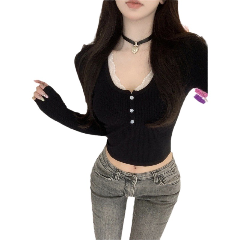 French lace stitching button long-sleeved T-shirt 2024 spring new ladies slim-fit slimming top one-piece delivery