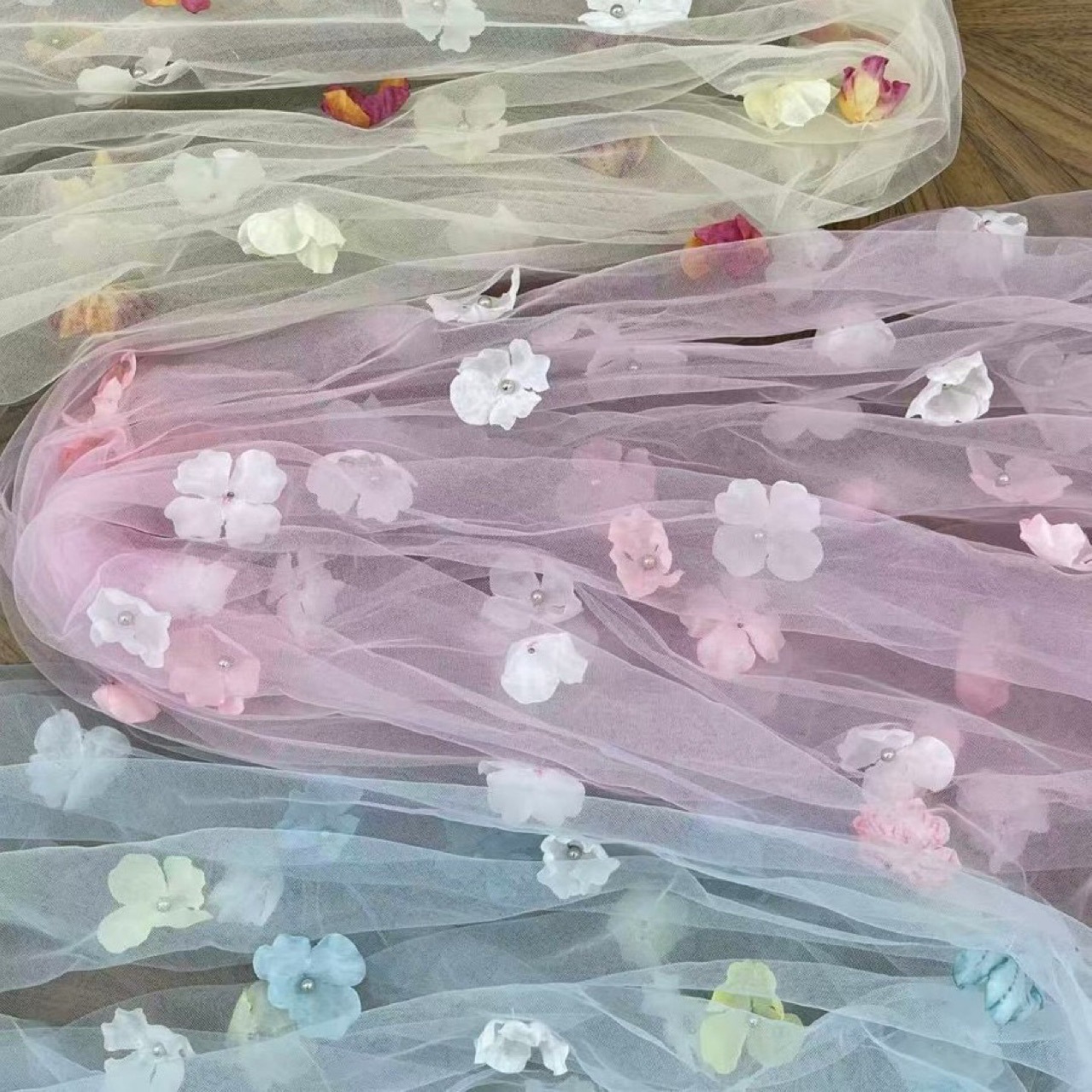 Gradient Color Beaded Flower Stereo Embroidery Fabric Ready-Made Children's Clothing Spring and Summer Mesh Flower Fabric Lace Fabric