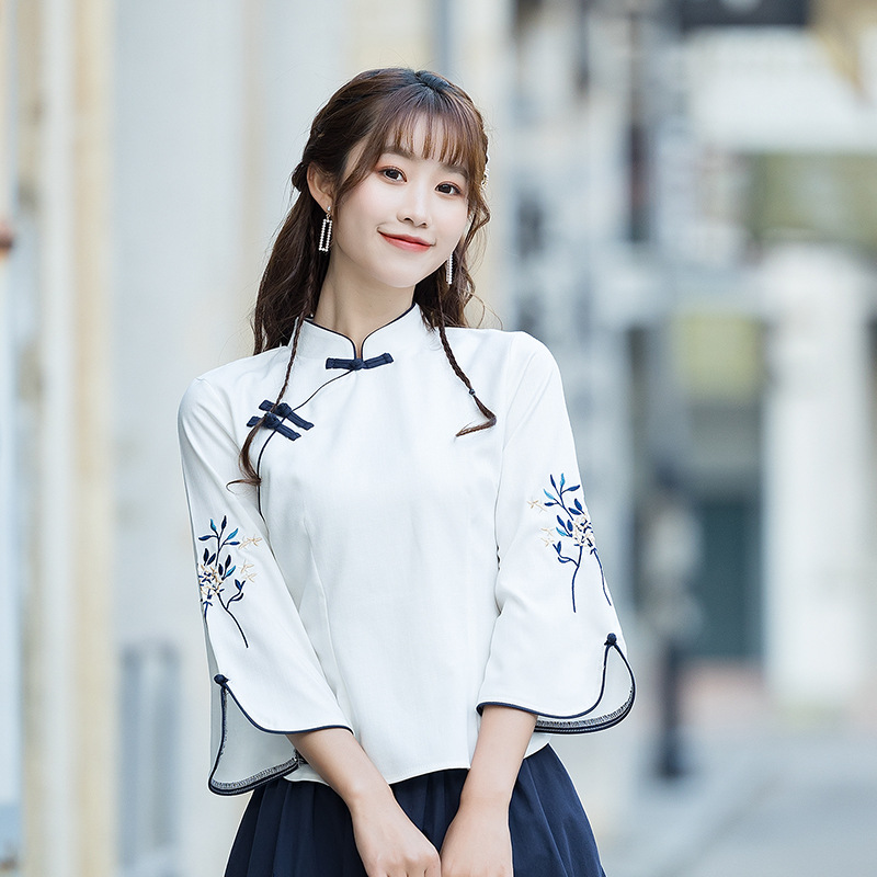 Improved Zen Tea Suit Top Embroidered with Cheongsam Style Chinese Style Three-Quarter Sleeves Bestie Outfit Stand Collar Plate Button Tang Suit Spring and Summer Zen Rhyme