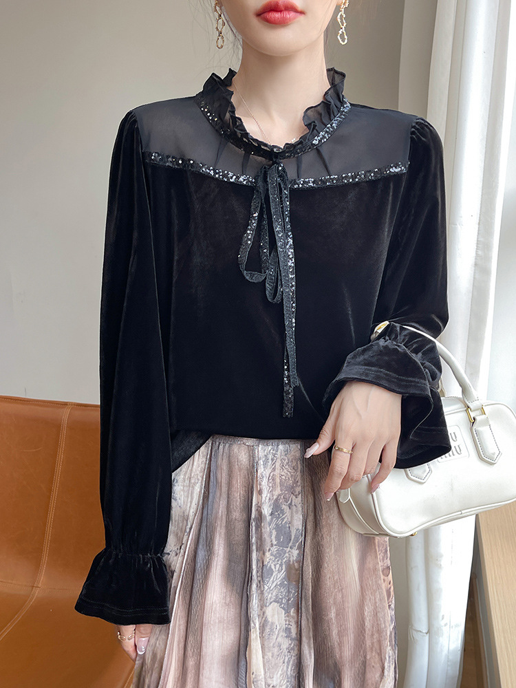2024 Early Autumn New Design Sense Gold Velvet Lace Collar Knitted Shirt Sequin Ribbon Loose Top Women