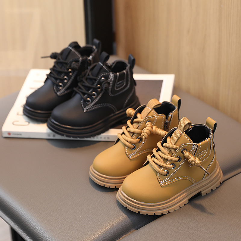 Autumn and Winter New Kids Single Boots Trendy Rhubarb Boots Waterproof Girls Boys Simple Vintage Side Zipper Martin Boots