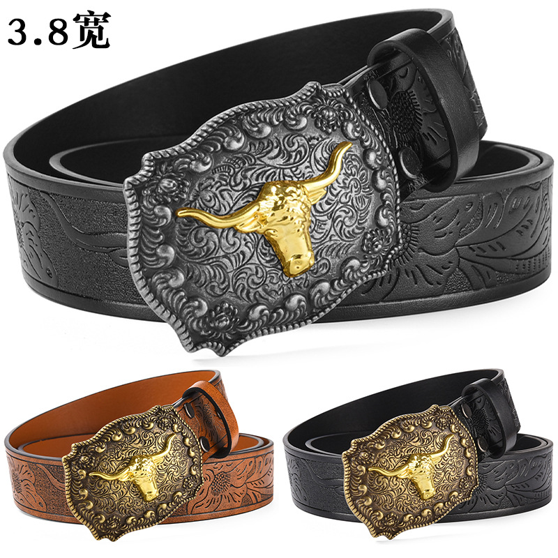 Cross-Border Western Cowboy Belt New Large Buckle Trendy Leather Youth Belt American Street Style Outerwear Belt