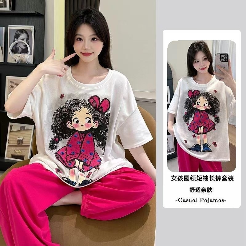 Picture of Pajamas Women's Spring and Autumn Summer Short-sleeved Trousers Large Size Loose Korean Style Fresh Cute Sweet Student Home Suit