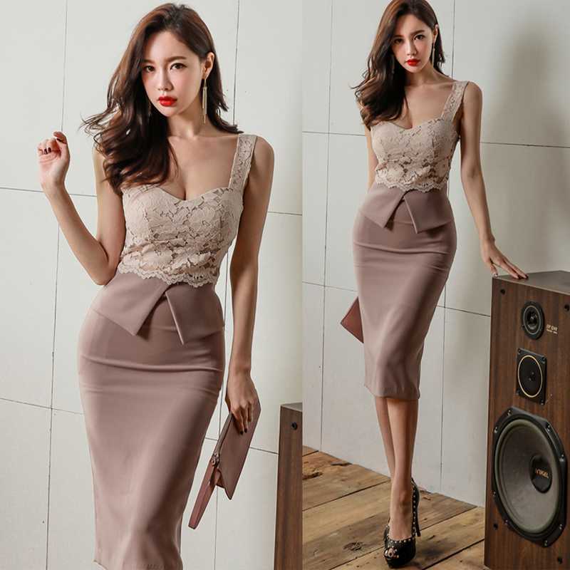 2025 New Summer Clothes Korean Style Elegant Lace Splicing Suspender Skirt Slim Fit Hip Slit Dress for Women
