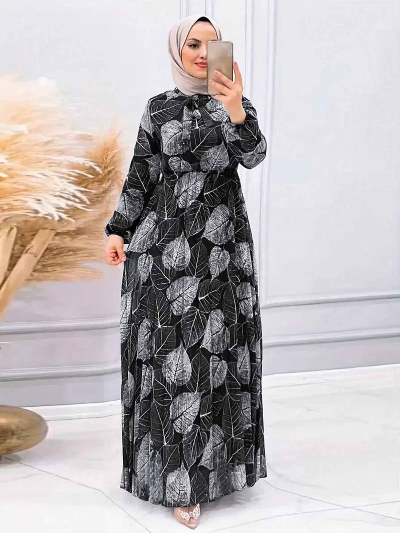 Cross-Border Amazon Middle East Dubai Women's Leaf Pleated Skirt Fashionable Waist-Cinching Muslim Dress Cross-Border Women's Clothing