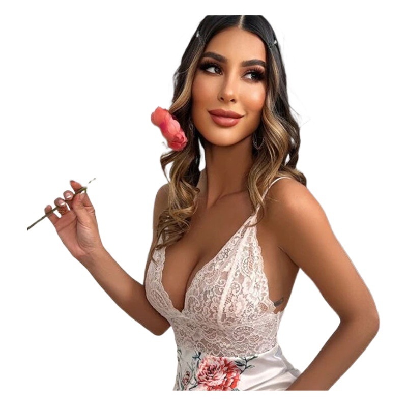 Factory wholesale European and American sexy deep V lace pajamas see-through backless printed strap underwear nightdress home wear