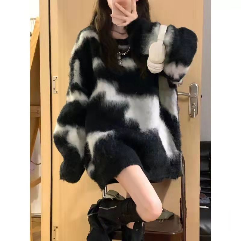 Picture of vintage Sweater Women's Autumn and Winter Niche Design Sense Japanese Style Retro Lazy Striped Knit Top